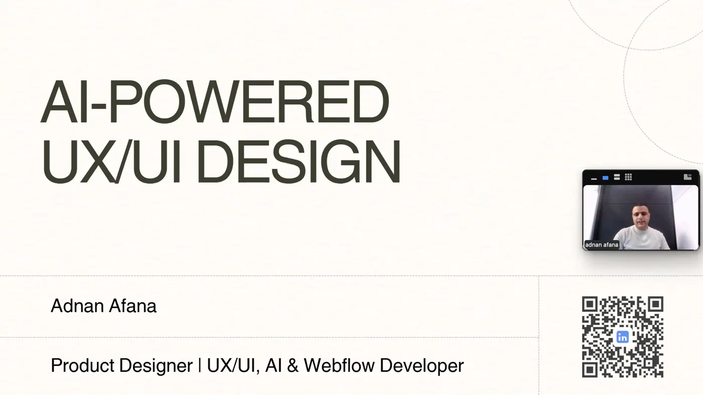 Adnan presenting the opening slide of his AI-Powered UX/UI Design workshop on a video call